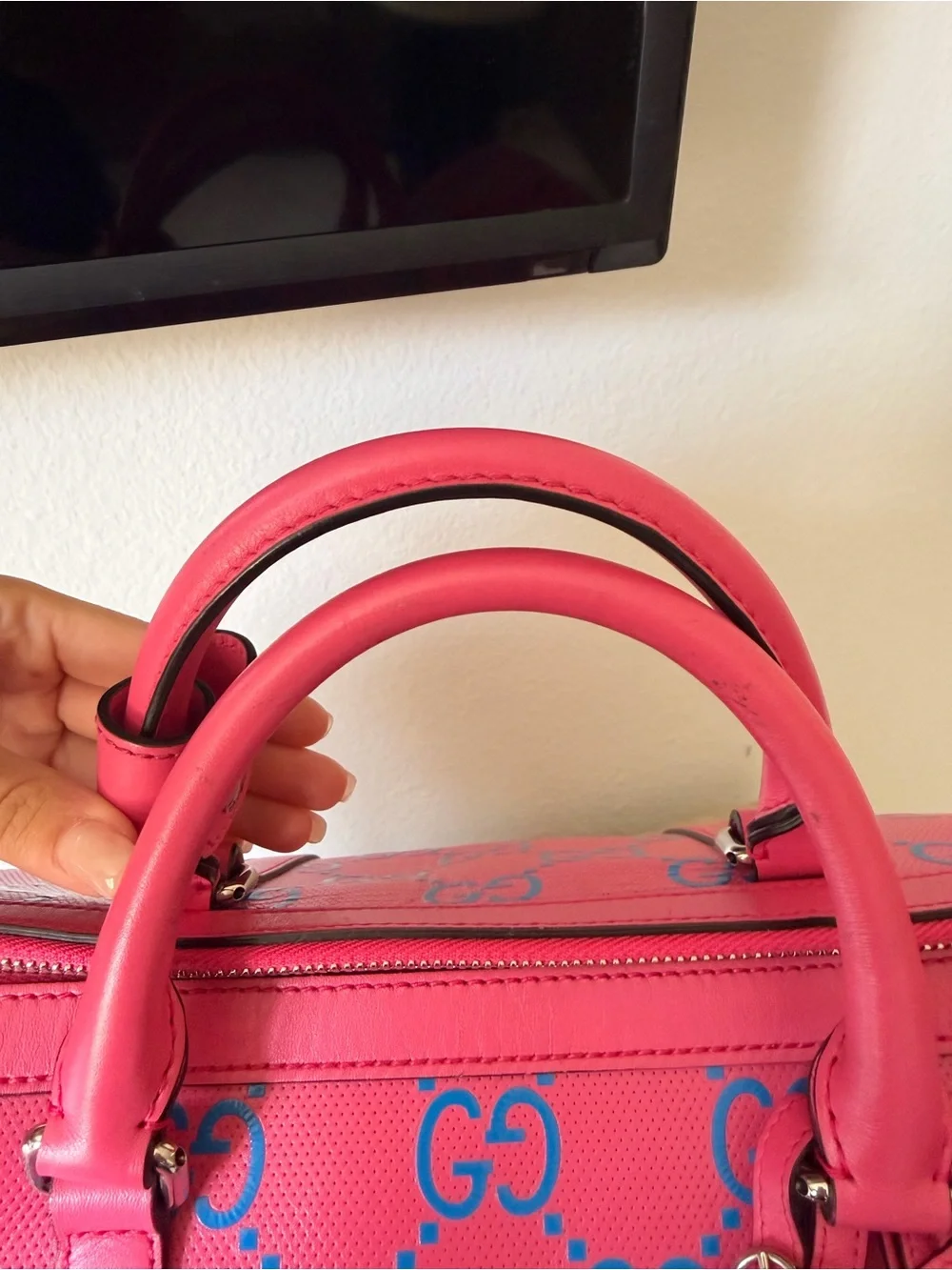 Gucci embossed Pink and Blue GG Supreme Weekender Duffel Bag